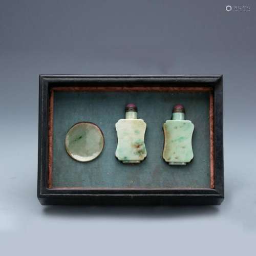 Set of 3 jadeite snuff bottles and one small dish