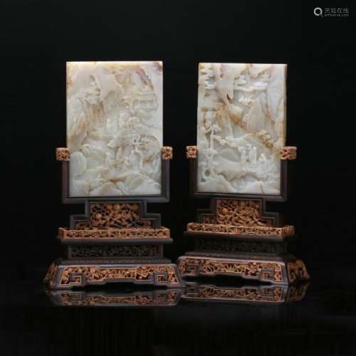 A pair carved white jade table screens