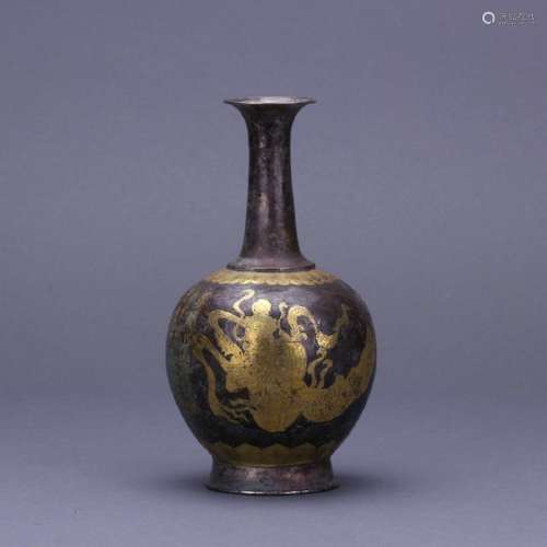 A gold inlaid silver bottle vase