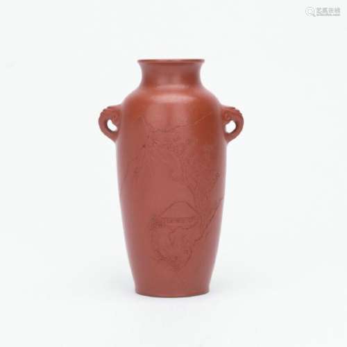 A nice carved zisha vase, two elephant ear handles