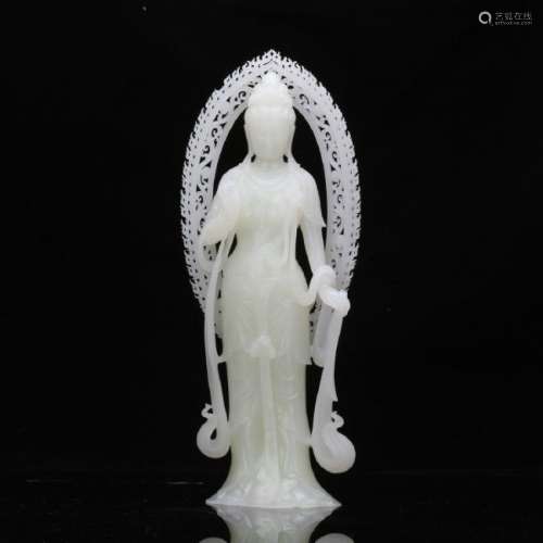A nice carved white jade Guanying figure