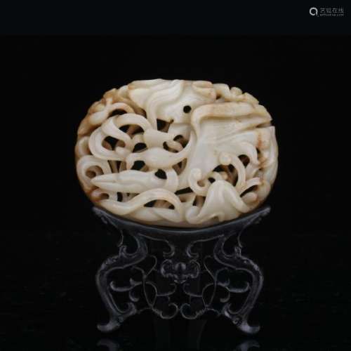 A white jade pierced carved table ornament with wood