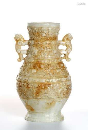 Chinese Celadon and Russet Archaistic Jade Vase