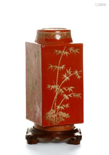 Chinese Red-Ground Cong-Form Vase Converted Lamp