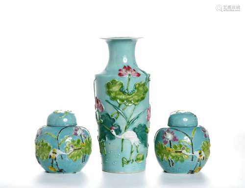 Chinese Turquoise-Ground Vase and Jars