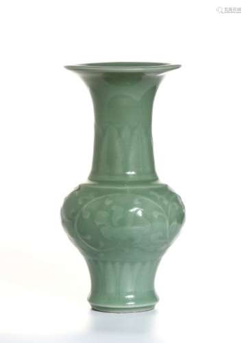 Chinese Molded Lungchuan Celadon Beaker Vase