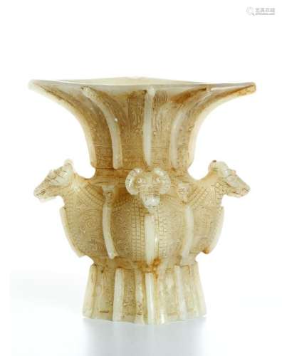 Chinese Celadon and Russet Archaistic Jade Vessel