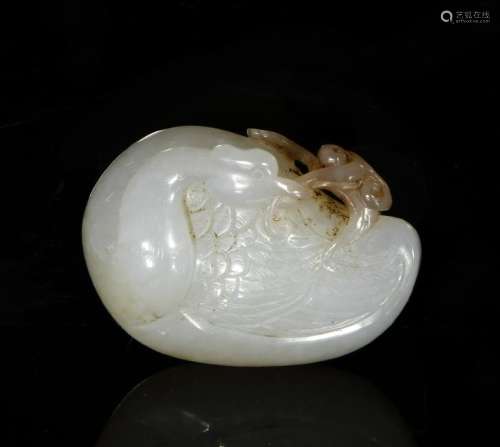 Chinese Hetian White Jade Figure of Swan and Ruyi