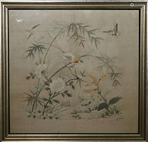 Framed Silk Embroidery of Flowers and Birds