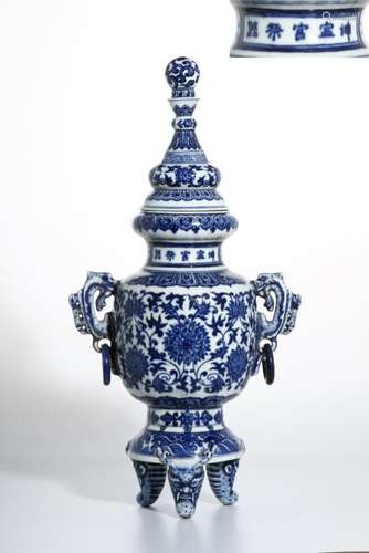 Chinese Blue and White Tripod Censer With Cover