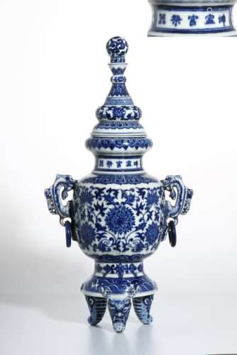 Chinese Blue and White Tripod Censer With Cover