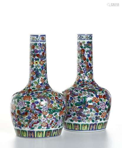 Pair Chinese 'Mille-Fleurs' Bottle Vases