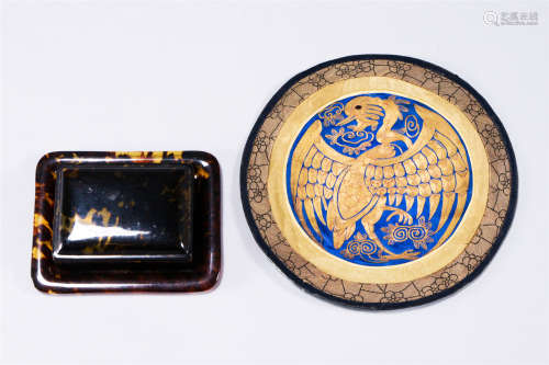 金線刺綉鳳紋補子 玳瑁蓋盒 長方盤 三件