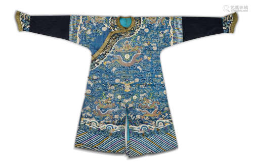 19世紀  藍地江崖海水紋金線刺繡龍袍