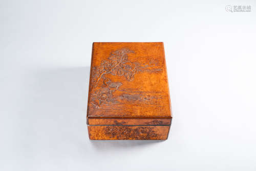 木雕花鳥紋長方蓋盒