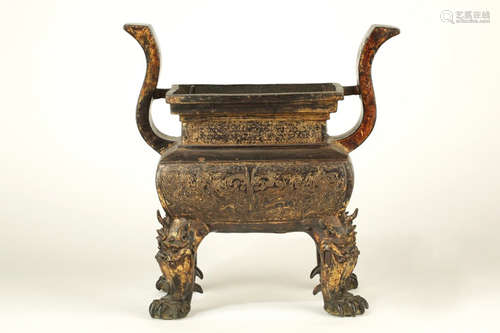 14-16TH CENTURY, A GILT BRONZE TAOTIE BEAST PATTERN FURNACE, MING DYNASTY