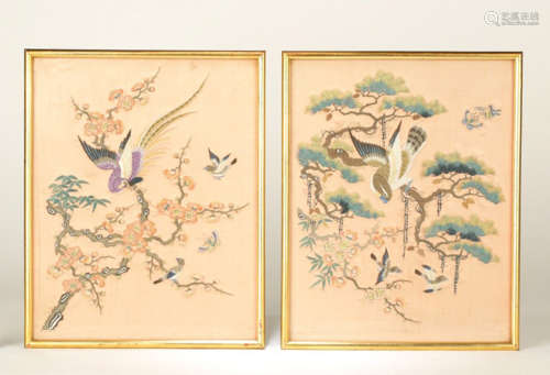 17-19TH CENTURY, A PAIR OF FLORAL&BIRD PATTERN EMBROIDERY, QING DYNASTY