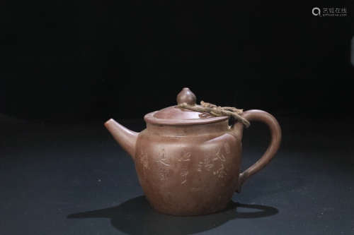 AN OLD TIBETAN LANDSCAPE DESIGN PURPLE CLAY TEAPOT