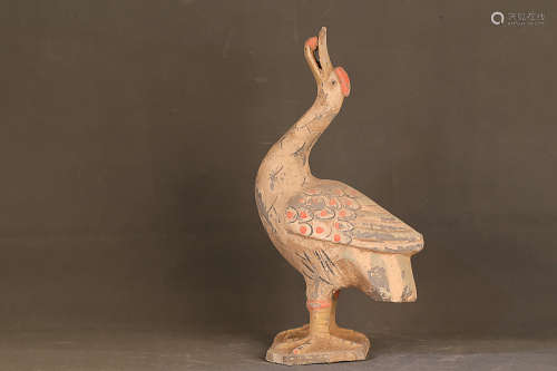 206 BC-220AD, A RED CROWNED CRANE DESIGN POTTERY FIGURE, HAN DYNASTY
