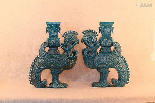 17-19TH CENTURY, A PAIR OF PHOENIX PARTTEN BLUE GLAZED VASES, QING DYNASTY