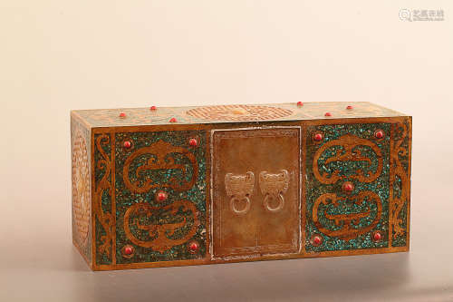 206 BC-220AD, A DRAGON PATTERN COPPER INLAID TURQUOISE JADE PILLOW, HAN DYNASTY