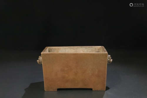 17-19TH CENTURY, A RECTANGLE DESIGN DOUBLE-EAR BRONZE CENSER, QING DYNASTY