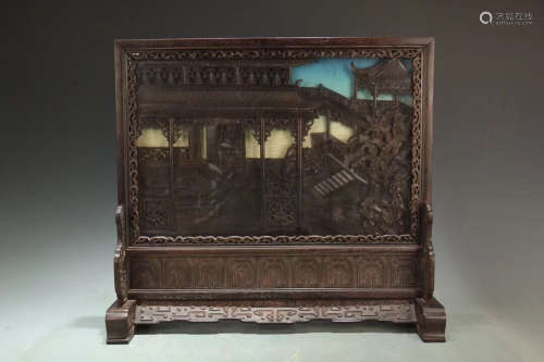 17-19TH CENTURY, A BUILDING PATTERN ROSEWOOD TABLE SCREEN, QING DYNASTY