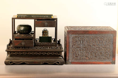 17-19TH CENTURY, A SET OF QIANLONG STATIONERY AND A JASPERY SEAL, QING DYNASTY