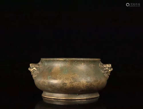 A BRONZE CARVED LION-EAR SHAPED CENSER