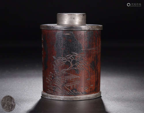 A TIN AND WRAPPED BAMBOO TEA CAN