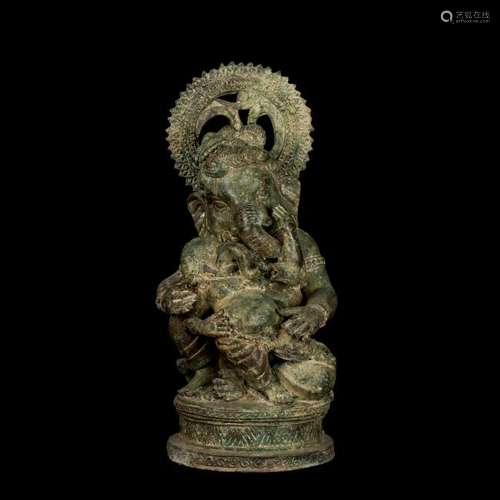 19th Century Antique Ganesha Statue Holding Baby