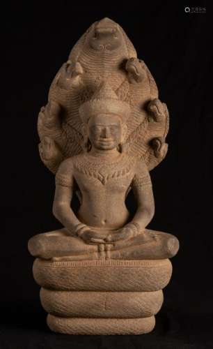 Angkor Wat Style Khmer Stone Naga Enthroned Meditation
