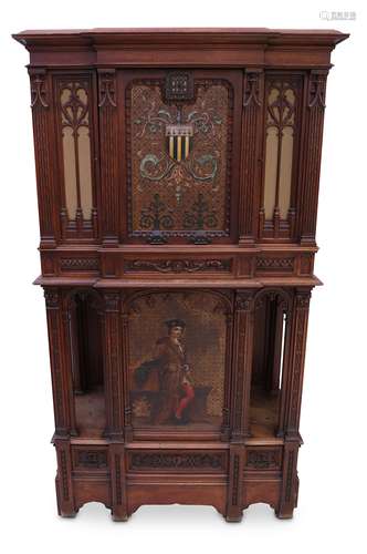 A FRENCH LEATHER MOUNTED AND POLYCHROME DECORATED WALNUT CABINET ON STAND.