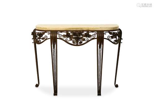 IN THE MANNER OF EDGAR BRANDT, A FREE-STANDING WROUGHT IRON AND MARBLE TOPPED CONSOLE TABLE.