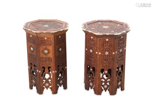 A PAIR OF HARDWOOD BONE AND MOTHER OF PEARL INLAID OCCASIONAL TABLES.