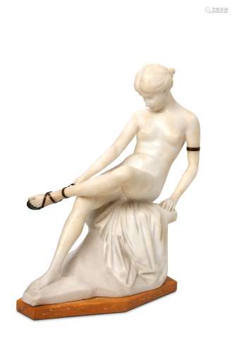 ERNST SEGER, AN ALABASTER AND BRONZE FIGURE OF A SEATED NUDE LACING HER SANDLE.
