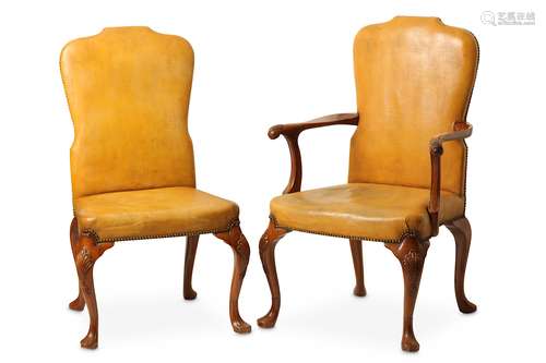 A SET OF EIGHT WALNUT DINING CHAIRS.