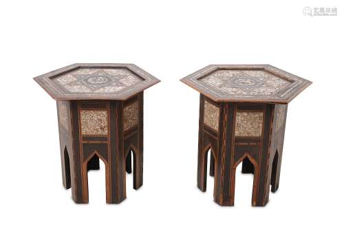 A PAIR OF HARDWOOD EBONISED AND MOTHER OF PEARL INLAID OCCASIONAL TABLES.