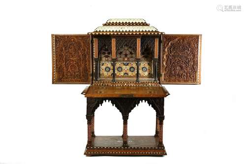 AN HISPANO-MORESQUE BONE AND HARDWOOD-INLAID VARGUENO WITH SUPPORTING DESK.