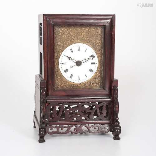 Chinese Brass and Hardwood Table Clock