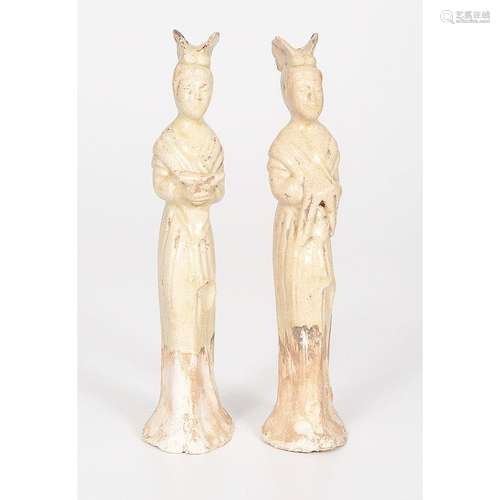 Tang Dynasty Straw-Glazed Pottery Figures of Standing Ladies