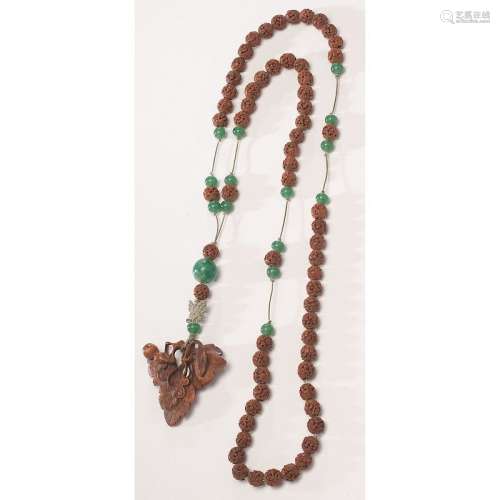 Carved Aloweswood and Peking Glass Beads Necklace