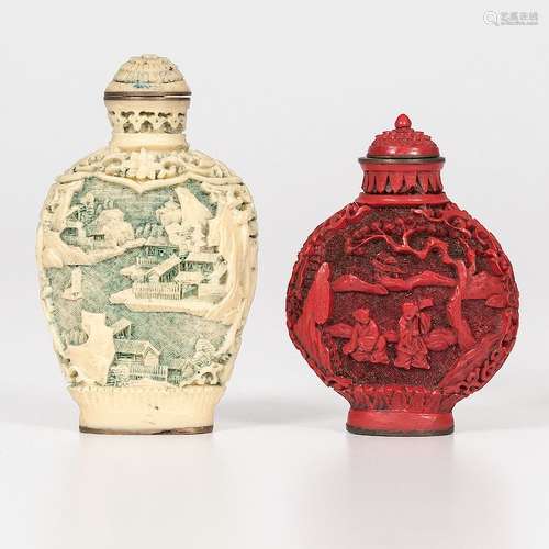 Carved Resin and Cinnabar Snuff Bottles