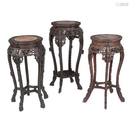 Chinese Carved Hardwood Plant Stands with Marble-tops