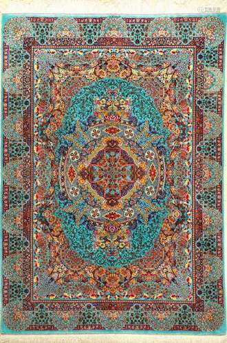 Very Fine Sky-Blue & Unique Silk Qum 'Sedaghat' Rug