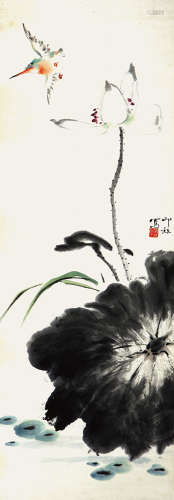 萧朗 （1917-2010） 荷花翠鸟 设色纸本 立轴
