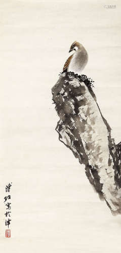 溥佐 （1918-2001） 石头小鸟 设色纸本 镜片