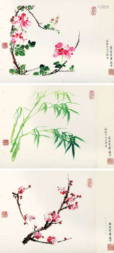溥佐 （1918-2001） 繁花与竹 设色纸本 镜框