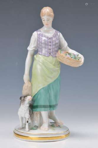 figurine, Meissen, 1930-1940s, gardener girl with dog