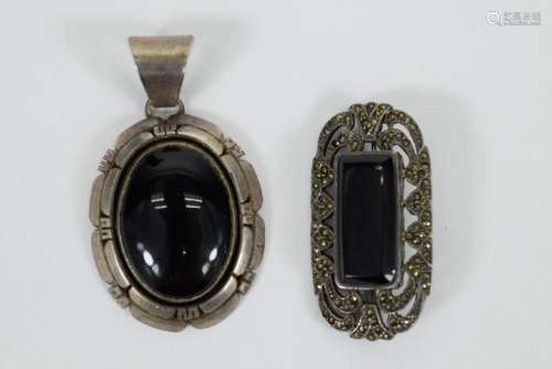 STERLING SILVER ONYX PENDANT AND MARCASITE PIN
